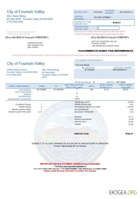 Modèle de facture de services publics de la ville de Fountain Valley, États Unis, Californie, aux formats Word et PDF